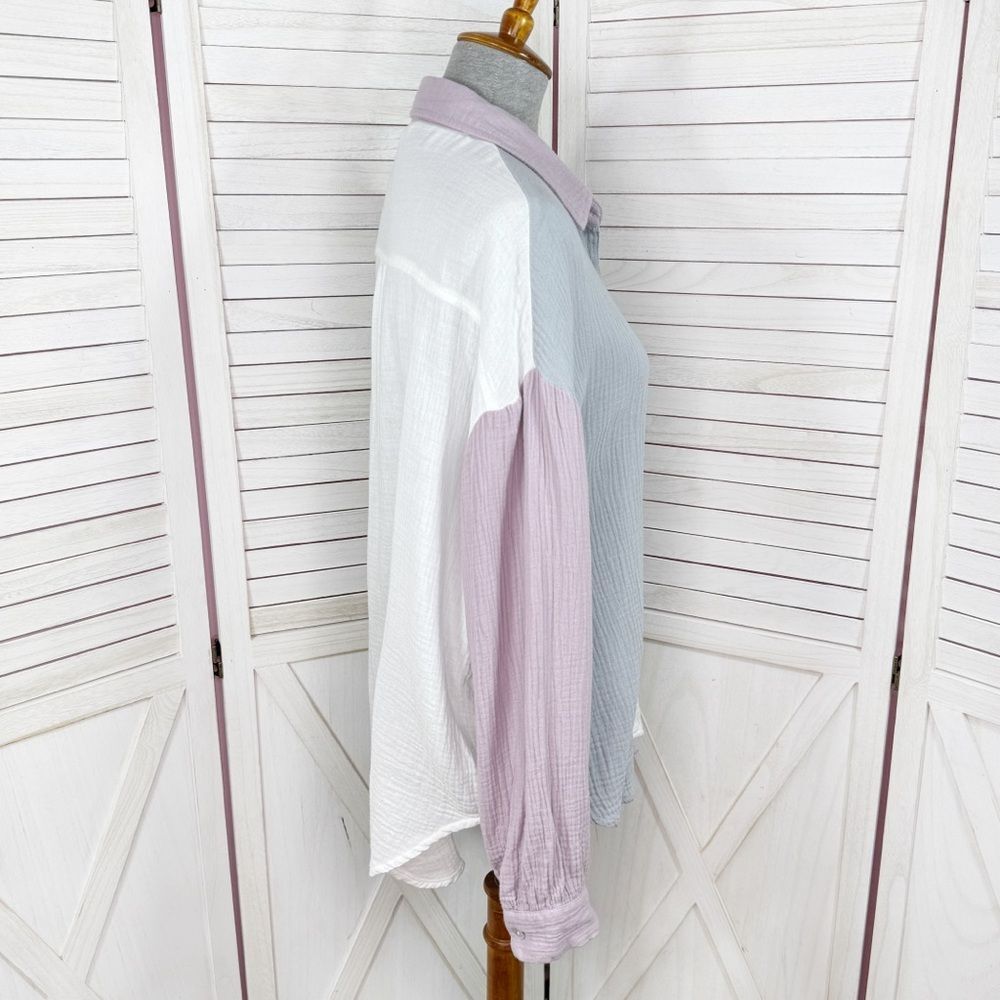 Entro Oversized Gauze Color Block Button Up Shirt… - image 4